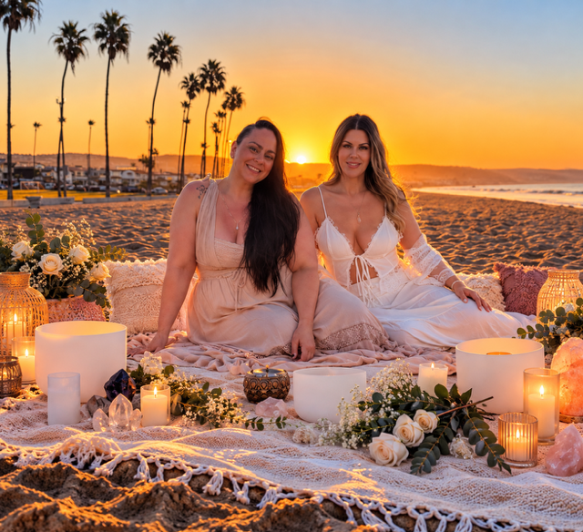 Ashley and Victoria at a beach sunset ceremony with singing bowls and candles
